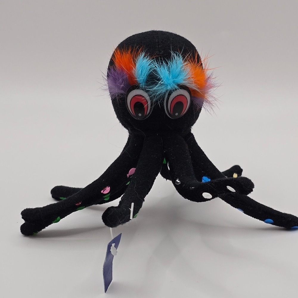 Vintage Poseable Octopus Plush Black Colorful‎ Dots Feather Accents Retro